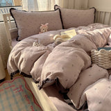 Qfdian  French Lace Bedding Sets New Ruffle Lace Bow Quilt Cover Romantic Bedclothes Decor Woman Girls Bedroom Duvet Cover 4pcs