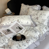 Qfdian Luxury Digital Printing Flowers and Plants Bedding Set Lyocell Eucalyptus Fiber Soft Silky Duvet Cover Bed Sheet Pillowcase 4Pcs