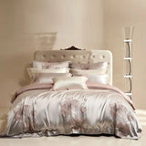 Qfdian Flower Jacquard Color Blocking Luxury Bedding Set Lyocell Cotton Soft Silky Duvet Cover Flat/Fitted Bed Sheet Pillowcases 4Pcs