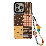 Qfdian  Retro Polka-Dot Patchwork Phone Case,For IPhone 17 16 Pro Max Case 15 14 13 12 11 ,imitation Leather Lanyard Covers Funda