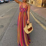 Qfdian  Fashion Hollow Backless Bohemian Dresses Sexy Ladies V-Neck Sleeveless High Waist Long Dress Summer Beach Colorful Stripe