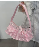 Qfdian Women All Match Fashion Office Lady Handbags Fairy Ruffled Bow Y2k Aesthetic Shoulder Bags Causal Vintage Elegant Underarm Bag