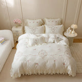 Qfdian 4Pcs Korean Princess Style Bedding Set Rose Flowers Embroidery French Lace Ruffles Milk Velvet Duvet Cover Bed Sheet Pillowcases