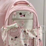 Qfdian  High-capacity Kawaii Girls Travel Backpacks Y2k Women Students Cellphone Bags Patchwork Contrast Color Cartoon Print Schoolbags