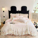 Qfdian  4Pcs Korean Style Lace Flowers Embroidery Princess Wedding Bedding Set Duvet Cover Bed Sheet/Fitted Sheet/Bed Skirt Pillowcases