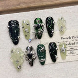 Qfdian  Gothic Starry Press On Nails With Metal Stars Rhinestones 3D Accessories Multiple Sizes Dark Green Translucent Metal Star Design