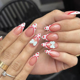 Qfdian  24pcs Valentine's Day Press On Nails  Gradient Red Almond French Style Fake Nails Love Heart 3D Bowknots Designs False Nail