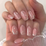Qfdian  24Pcs Short Square Coffin False Nails Square Fake Nails with Glue French Glitter Wearable Acrylic Nails Set Press on Nail Tips