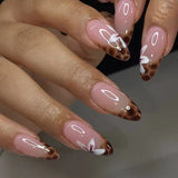 Qfdian 24Pcs Simple French Nails Art Tips Fake Nails 3D Design Wearable Full Cover False Nail Mid-length Almond Reusable Press on Nails