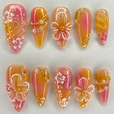 Qfdian  24pcs Gold Pink Flower Press On Nails Glossy Almond Autumn Wearable Fake Nails With Pearl Gold Ball Decor Ballet False Nail Tips
