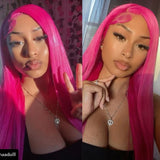 Qfdian Pink Wig Straight Synthetic Lace Front Wig Glueless Wigs for Women Rose Red Hot Pink Long Hair Lace Frontal Wig Ready to Wear