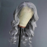 Qfdian Silver Grey Lace Front Wig Synthetic Lace Wig Glueless Body Wave Long Wavy Silver Wig Body Wave Long Grey Hair Wigs for Women