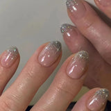 Qfdian 24Pcs Short Almond False Nails with Gold French Design Round Head Fake Nails Wearable Pink Press on Nails Full Cover Nail Tips