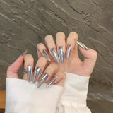 Qfdian 10pcs Handmade Fake Nails Heavy Metal Silver Aurora Press On Nails Wearable Full Cover Long Press on Nails for Women Lady