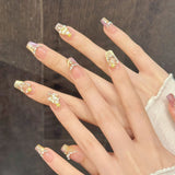 Qfdian  10pcs Handmade Starlight Fake Nails Press On Nails With Pearl Rhinestone Gold Star Decor Colorful Cat's Eye False Nails Wearable