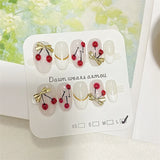 Qfdian Handmade Cute Press On Nails Short Oval Cherry Artificial Fake Nails Bowknot French Summer False Nails Charms Manicure Design