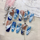 Qfdian  Luxury Press On Nails French Romantic Style with Alloy Gems Crystal Pearls Resin Flowers Elegant Glam Design for Party Wedding