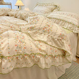 Qfdian 2/3Pc Korean Princess Style Floral Ruffles Bedding Set Single Queen Size Soft Skin-friendly Washed Cotton Duvet Cover Pillowcase