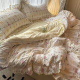 Qfdian  Korean Princess Duvet Cover Set Skin Friendly Wash Cotton Bedding Set Of Four Pieces Lace Bedin Set Bed Sheets Comforter Cover