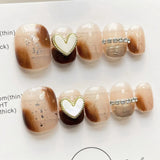 Qfdian  10Pcs Pink Handmade Press On Nails Cat's Eye Heart Design Fake Nails Short Round Head Woman Girls Wearable Manicure Nail Tips