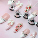 Qfdian 10Pcs Cute Handmade Press on Nails Full Cover French Bowtie Design Almond False Nails Strawberry Manicure Wearable Nail Tips Art