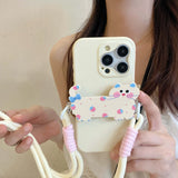 Qfdian Cute 3d colorful cat anti-fall rope fundas for iphone 12pro 15 pro max 13pro 14promax 15pro 12 14 13 black white phone case