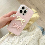 Qfdian INS Korea Pink Bow Knot Phone Case For Iphone 16ProMax 14Pro 15ProMax 13 14 15 16 Pro Max 16Pro Cover Shockproof Fundas