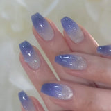 Qfdian 24Pcs Gradient Blue Fake Nails Simple Mid-length Ballet False Nails with Cat's Eye Design Press on Nails Full Cover Nail Tips
