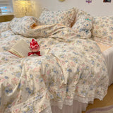 Qfdian 4Pcs Vintage French Fresh Floral Lace Ruffles 100% Cotton Bedding Set Duvet Cover Bed Skirt/Bed Sheet/Fitted Sheet Pillowcases