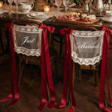 Qfdian  2pcs Personalized Lace Just Married Chair Sign for Bride & Groom Wedding Sheer Lace Signs Custom Wedding Chair Banners
