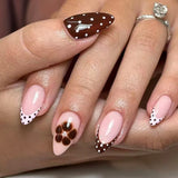 Qfdian  24pcs Sweet Pink Flower Press On Nails Glossy Short Almond Full Cover Stick-on Nails Gold Stripe Blush Artificial False Nails