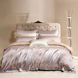 Qfdian Flower Jacquard Color Blocking Luxury Bedding Set Lyocell Cotton Soft Silky Duvet Cover Flat/Fitted Bed Sheet Pillowcases 4Pcs
