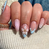 Qfdian  24Pcs Mid-length 3D Flowers Design Fingertips Sweet Butterfly Yellow Ripple Almond False Nails Detachable Full Cover Press Ons