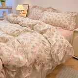 Qfdian 2/3Pc Korean Princess Style Floral Ruffles Bedding Set Single Queen Size Soft Skin-friendly Washed Cotton Duvet Cover Pillowcase