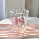 Qfdian Clear Glass Coffee Mug Bow Decoration Water Cup Delicate Striped Glass Breakfast Milk Oatmeal Mug Afternoon Tea Flower Tea Cup