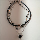 Qfdian  Punk Y2K Metal Cross Star Black Heart Pendant Multi Layer Bead Necklace For Women Men Vintage Gothic Charm Grunge Jewelry Gift