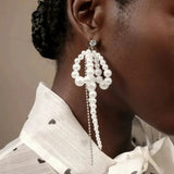 Qfdian  Luxury high-end bow long imitation pearl swinging earrings, elegant party wedding earrings, fashionable accessories, gifts
