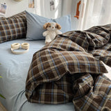 Qfdian  Bedding Set Ins Ambiance Blue Coffee Grid Mixed With Washed Cotton Minimalist Flat&Fitted Sheets Duvet Cover Set With Pillowcase