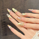 Qfdian  10pcs Handmade Starlight Fake Nails Press On Nails With Pearl Rhinestone Gold Star Decor Colorful Cat's Eye False Nails Wearable