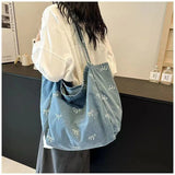 Qfdian Cowboy canvas bag, ladies' bow, sweet and versatile tote bag, large capacity casual shoulder bag