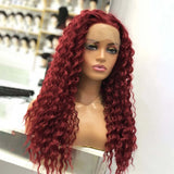 Qfdian Red Wig Deep Curly Synthetic Lace Front Wig Glueless Afro Kinky Curly Burgundy Colored Hair Lace Frontal Wigs for Women Party