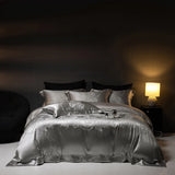Qfdian 4Pcs Champagne Silk Damask Jacquard Egyptian Cotton Patchwork Luxury Bedding Set Duvet Cover Flat/Fitted Bed Sheet Pillowcases