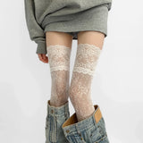 Qfdian 2025 Women Flower Lace Fishnet Thigh High Stockings Japanese Style JK Girl Sweet Lace Trim Frilly Over Knee Long Socks