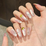 Qfdian  10pcs Crystal Butterfly Handmade False Nails Clear Transparent Purple Cat's Eye Fake Nail With Tulip Flower Press On Nail Almond