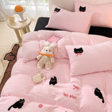 Qfdian Korean Style Pink Bedding Set Black Cat Embroidery Washed Cotton  Duvet Cover Cute Cardboard  Bed linen Comforter Sets