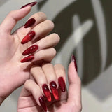 Qfdian  24pcs Glossy Red Cat's Eye Press On Nails Full Cover Nude Color Wearable Almond False Nails Charms Detachable Fake Nail For Girl