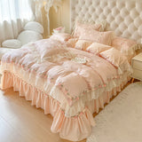 Qfdian 4Pcs Pure Cotton French Flowers Lace Ruffles Princess Wedding Bedding Set Duvet Cover Quilted Bedspread Bed Skirt Pillowcases