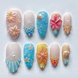 Qfdian 24pcs Wearable False Nail Strawberry Bow Design Nails Tips Red Short Almond Pearl Starlight Fake Nail Art Flower Press on Nails