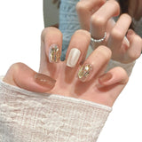 Qfdian Handmade Short Press on Nails Sparkling Champagne Cat's Eye Fake Nail Tips Wearable Full Cover Fashion Crystal False Nails