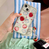 Qfdian 3D strawberry chain painting blue flower fruit phone case for iphone 12 15promax 14pro 13pro 15 pro max ins plating cover coque